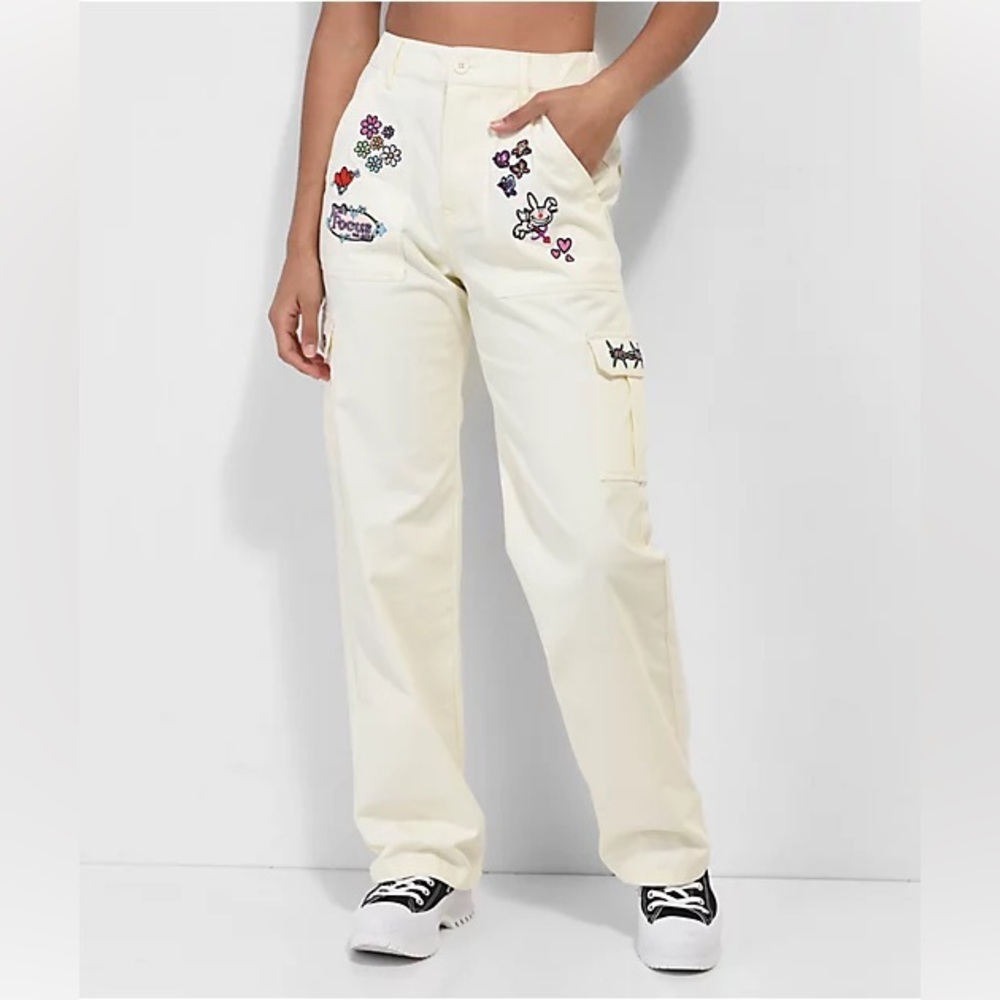 Broken Promises Size M Focus On Me Cream Ivory Cargo Pants Embroidered Bunny